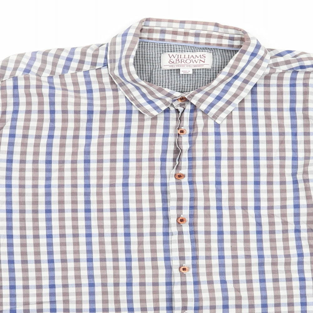 Williams & Brown Mens Blue Check   Button-Up Size 2XL  - Decorative Elbow Patches Taupe Blue White Check
