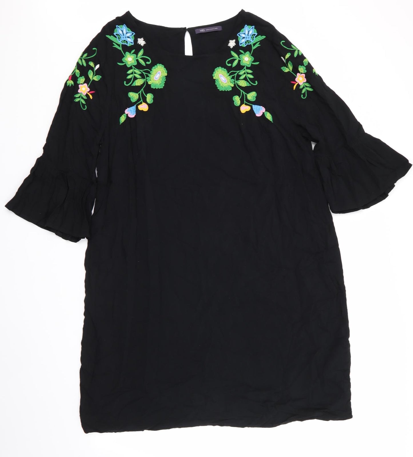 Marks and Spencer Womens Black Floral  A-Line  Size 16  - Frilled Cuffs Green Blue Pink Yellow Flowers