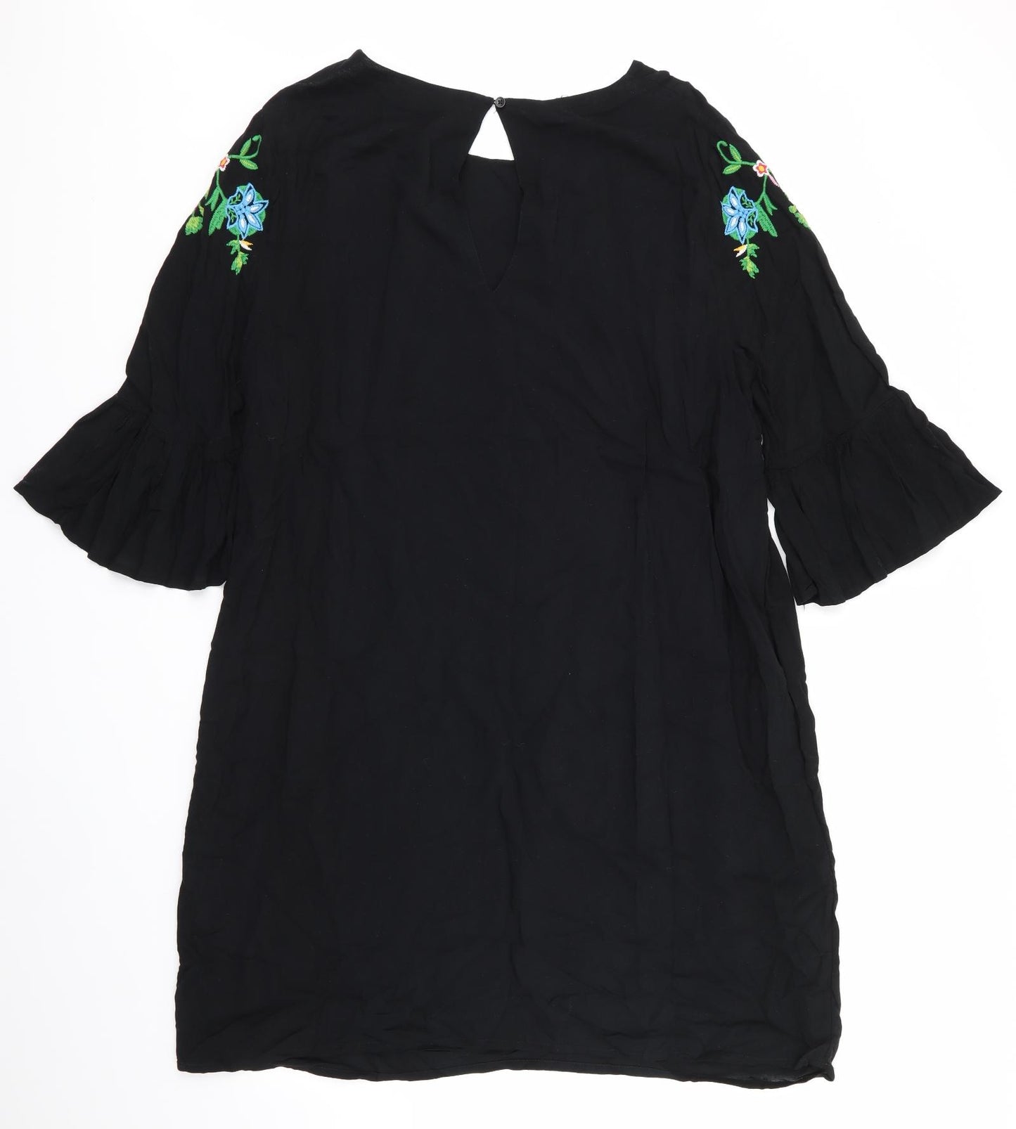 Marks and Spencer Womens Black Floral  A-Line  Size 16  - Frilled Cuffs Green Blue Pink Yellow Flowers