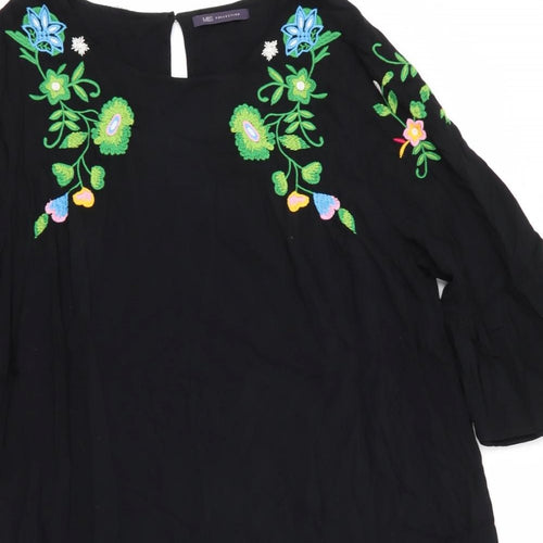 Marks and Spencer Womens Black Floral  A-Line  Size 16  - Frilled Cuffs Green Blue Pink Yellow Flowers