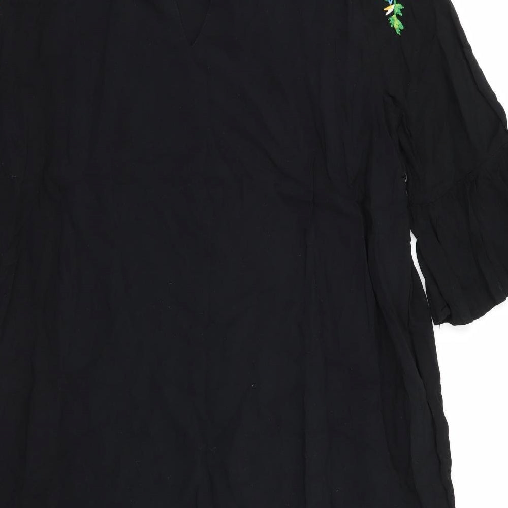 Marks and Spencer Womens Black Floral  A-Line  Size 16  - Frilled Cuffs Green Blue Pink Yellow Flowers
