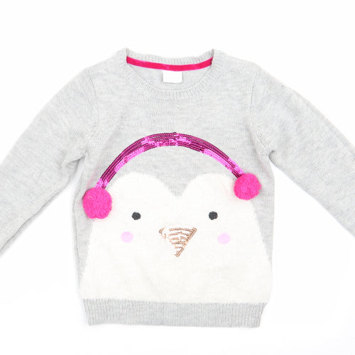 Florence and Fred Girls Grey Animal Print  Pullover Jumper Size 5-6 Years  - Penguin Ear Muffs