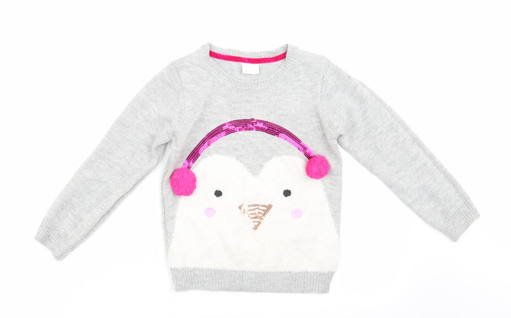 Florence and Fred Girls Grey Animal Print  Pullover Jumper Size 5-6 Years  - Penguin Ear Muffs