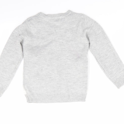 Florence and Fred Girls Grey Animal Print  Pullover Jumper Size 5-6 Years  - Penguin Ear Muffs