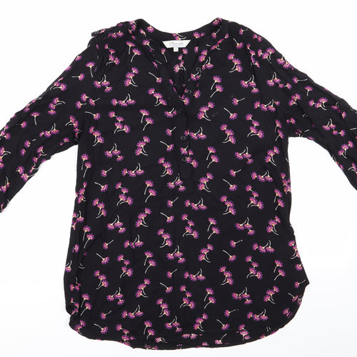 Peacocks Womens Black Floral  Basic Button-Up Size 10  - Pink Orange Purple Flowers Adjustable Sleeve Length