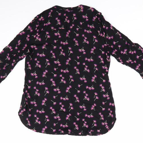 Peacocks Womens Black Floral  Basic Button-Up Size 10  - Pink Orange Purple Flowers Adjustable Sleeve Length
