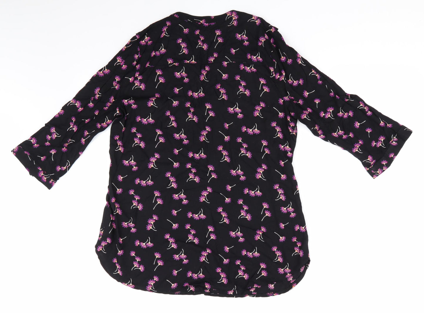Peacocks Womens Black Floral  Basic Button-Up Size 10  - Pink Orange Purple Flowers Adjustable Sleeve Length