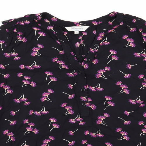 Peacocks Womens Black Floral  Basic Button-Up Size 10  - Pink Orange Purple Flowers Adjustable Sleeve Length