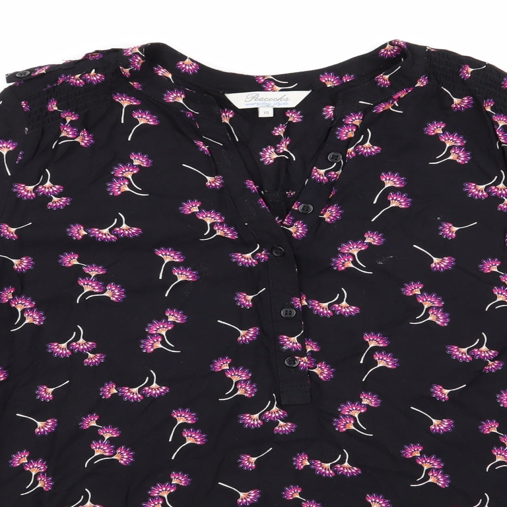 Peacocks Womens Black Floral  Basic Button-Up Size 10  - Pink Orange Purple Flowers Adjustable Sleeve Length
