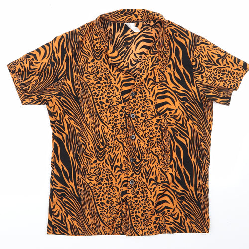 I Love Fancy Dress Womens Orange Animal Print  Basic Button-Up Size S  - Black Print