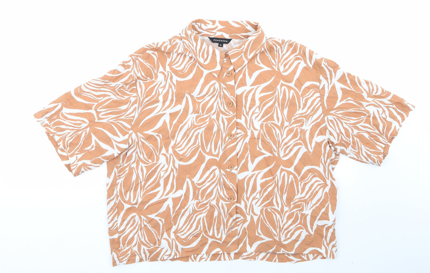 Peacocks Womens Brown Animal Print  Basic Button-Up Size 14  - White Print