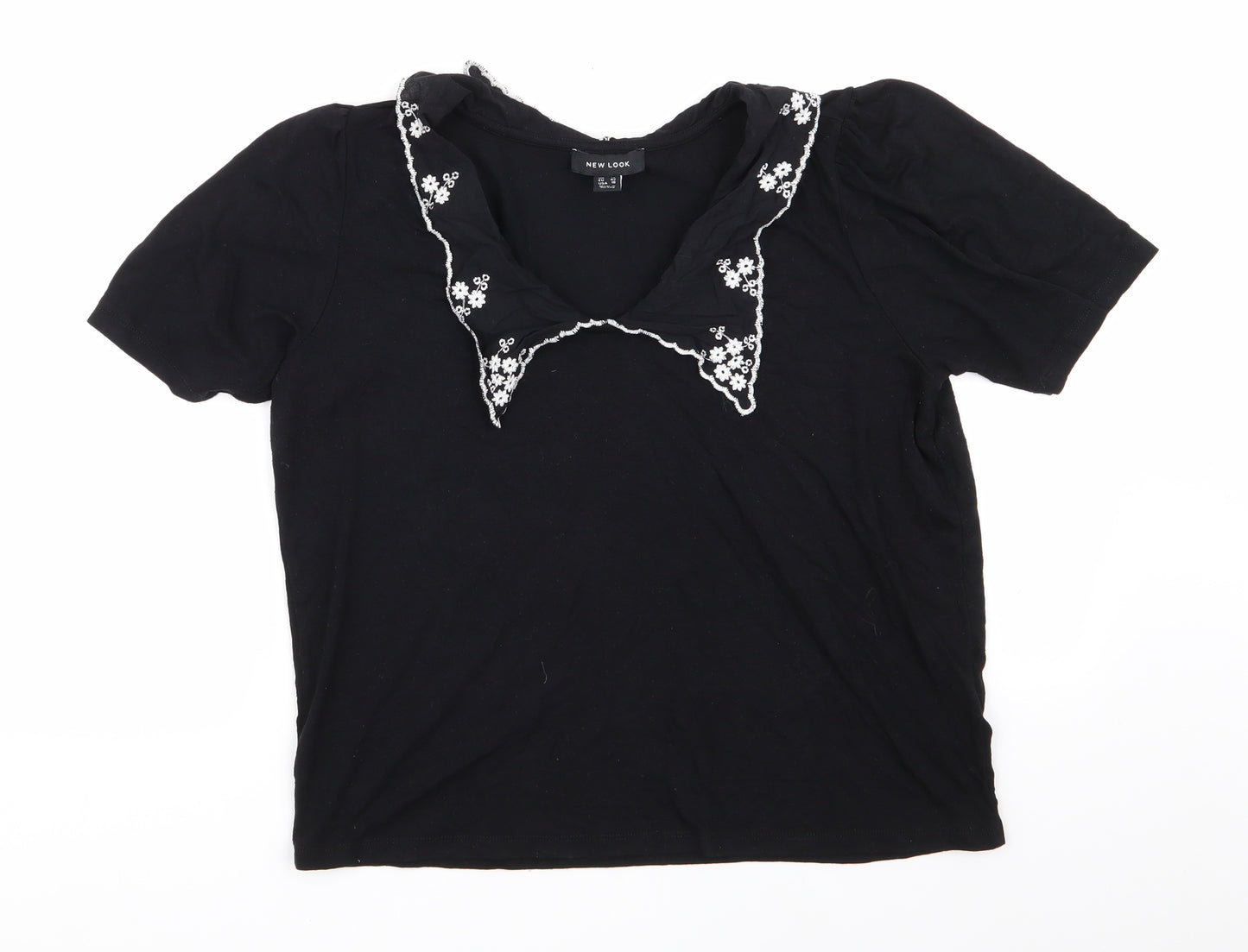 New Look Womens Black Floral  Basic Blouse Size 14  - Embroidered Collar White