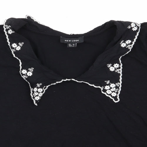 New Look Womens Black Floral  Basic Blouse Size 14  - Embroidered Collar White