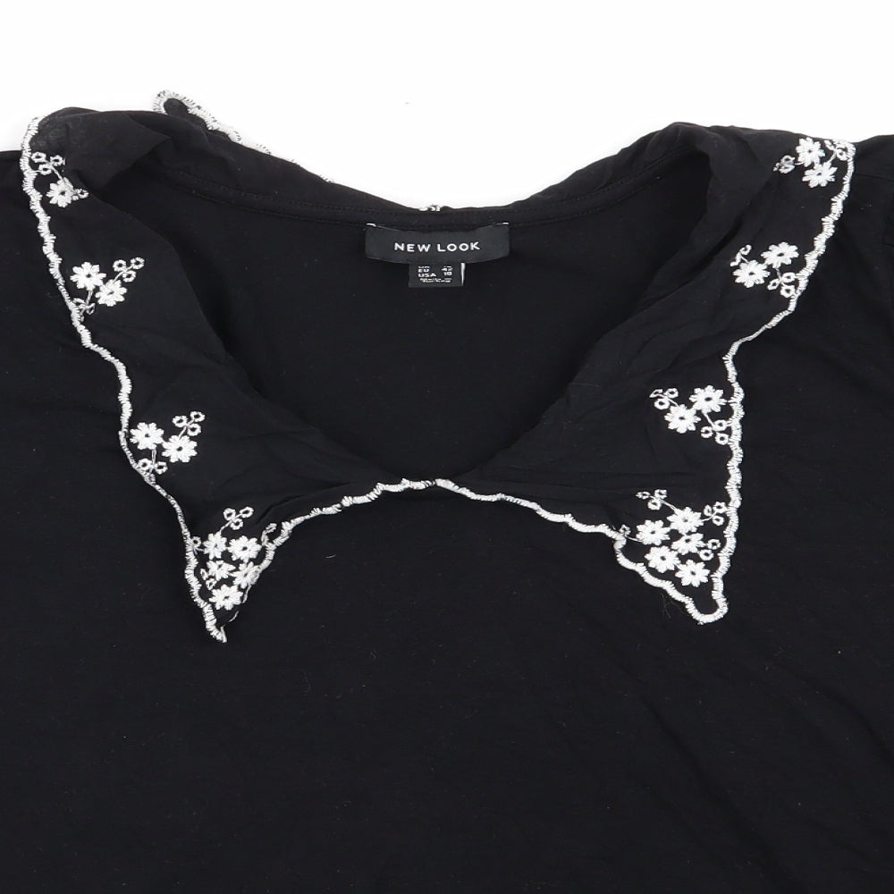 New Look Womens Black Floral  Basic Blouse Size 14  - Embroidered Collar White