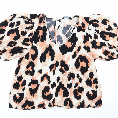 Florence and Fred Womens Black Animal Print  Basic Blouse Size 16  - Elasticated Sleeves Ivory & Orange