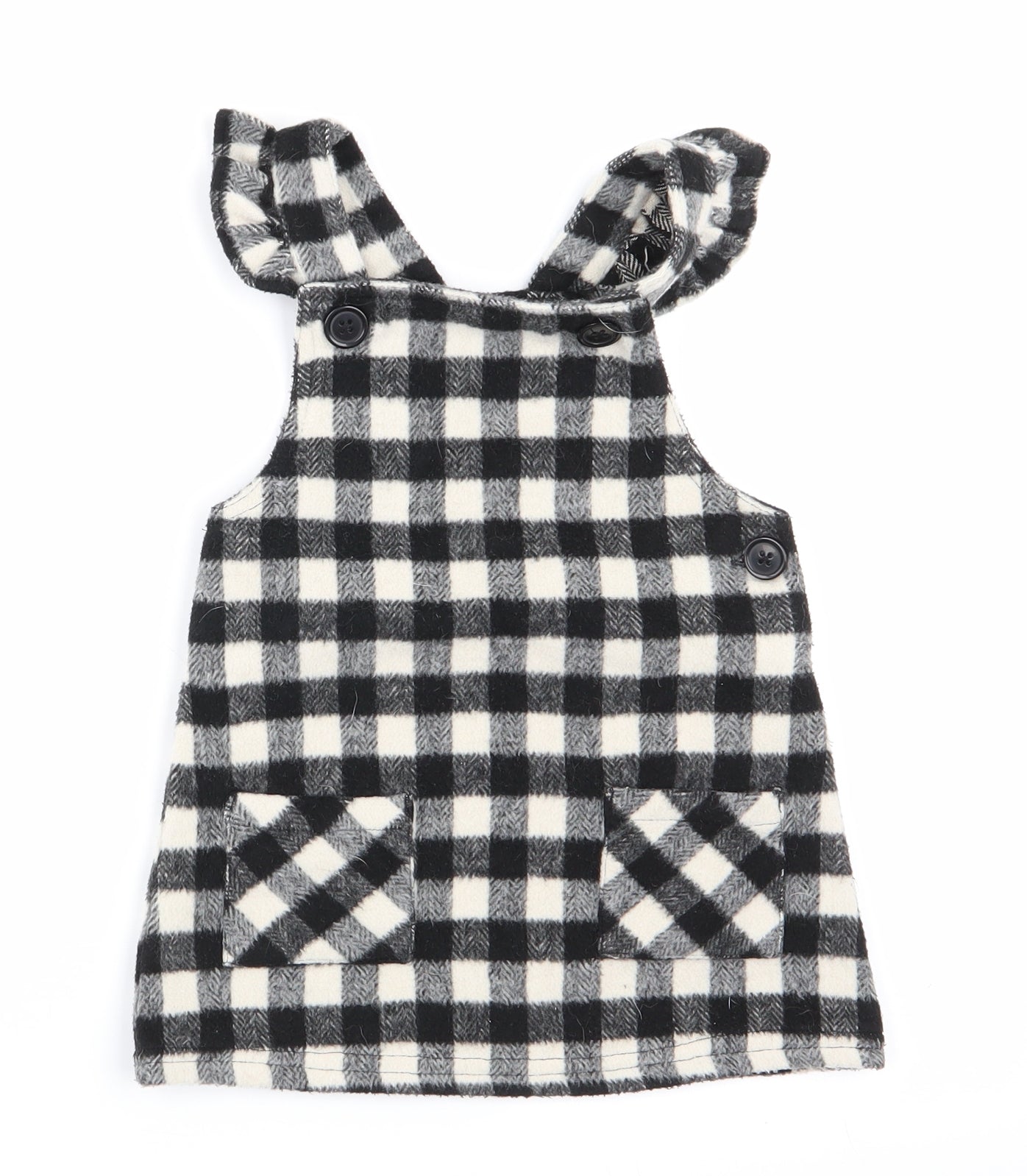 Fred & Flo Girls Black Check  Pinafore/Dungaree Dress  Size 12-18 Months  - Black & White check Patch Pockets Frilled Straps