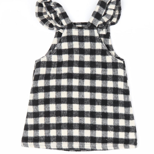 Fred & Flo Girls Black Check  Pinafore/Dungaree Dress  Size 12-18 Months  - Black & White check Patch Pockets Frilled Straps