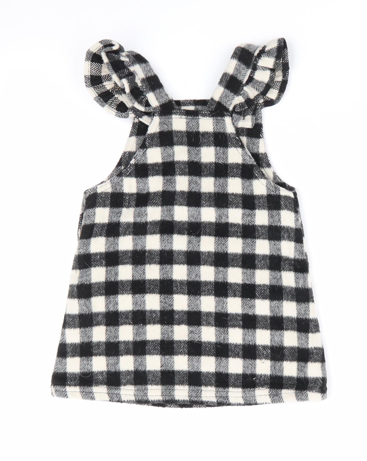 Fred & Flo Girls Black Check  Pinafore/Dungaree Dress  Size 12-18 Months  - Black & White check Patch Pockets Frilled Straps