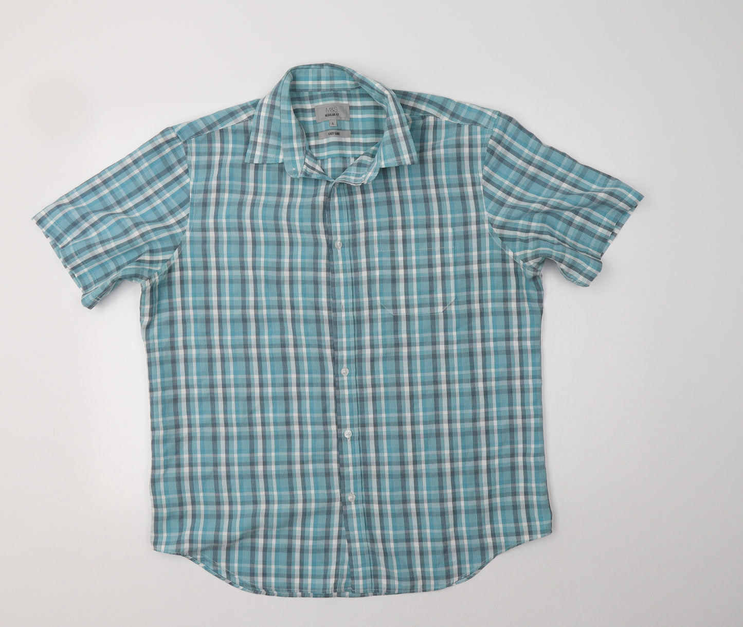 M&S Mens Blue Check   Button-Up Size L