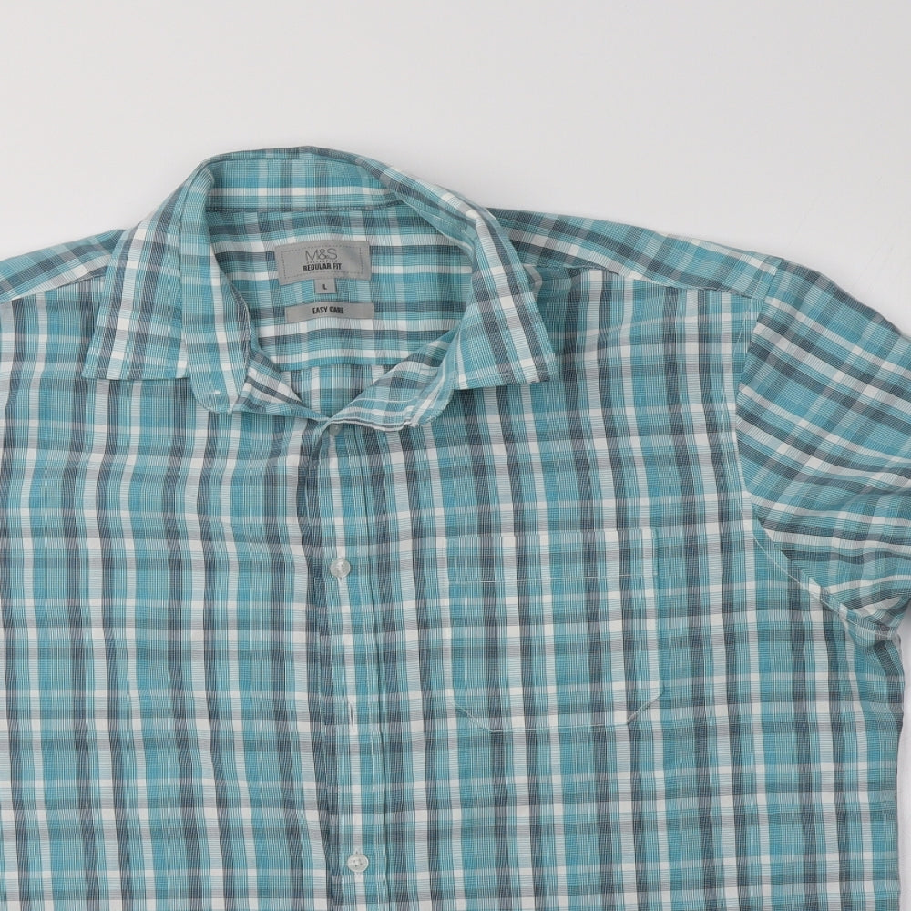 M&S Mens Blue Check   Button-Up Size L