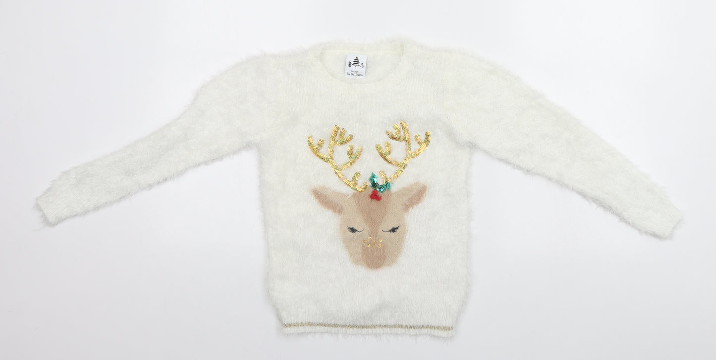 George Girls White   Pullover Jumper Size 8-9 Years  - Christmas, Reindeer