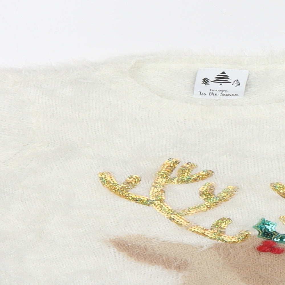 George Girls White   Pullover Jumper Size 8-9 Years  - Christmas, Reindeer