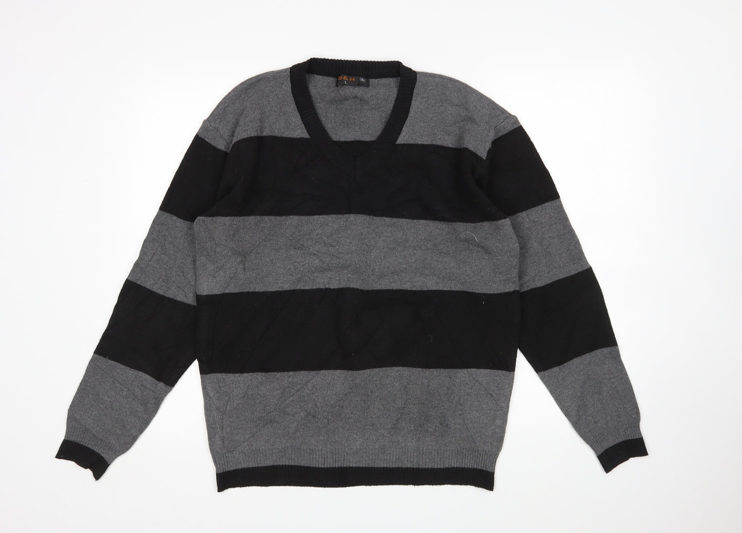 S&H Mens Grey Striped  Pullover Jumper Size L