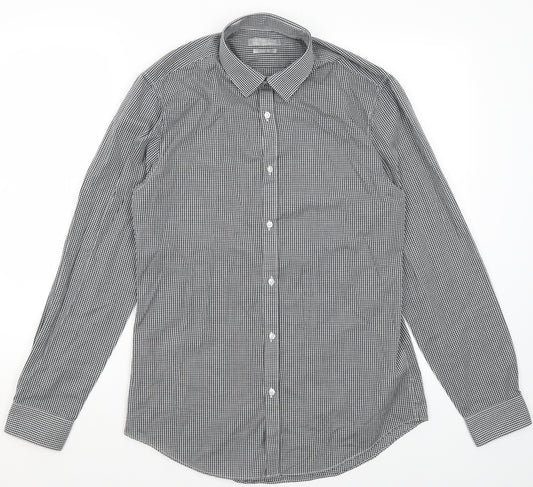 Front view of Red Herring men’s black check cotton dress shirt, size 15.5