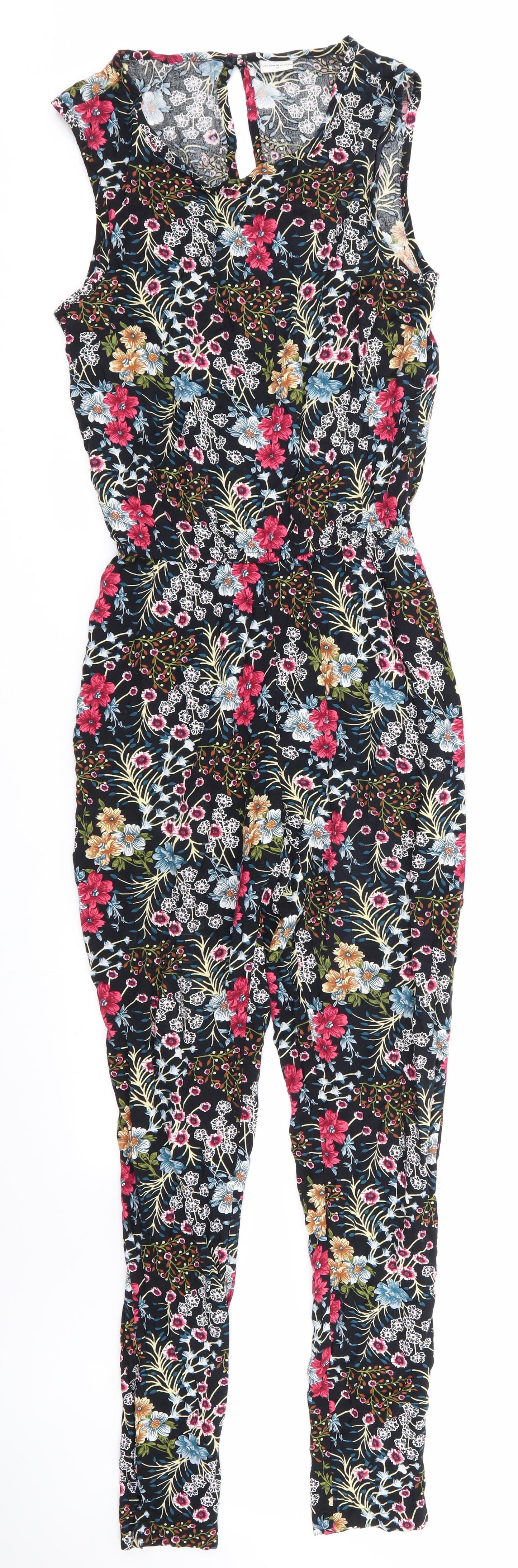 Jacqueline de Yong Womens Black Floral Viscose Jumpsuit One-Piece Size 6 L30 in Button - Blue pink Red Gold White Flowers
