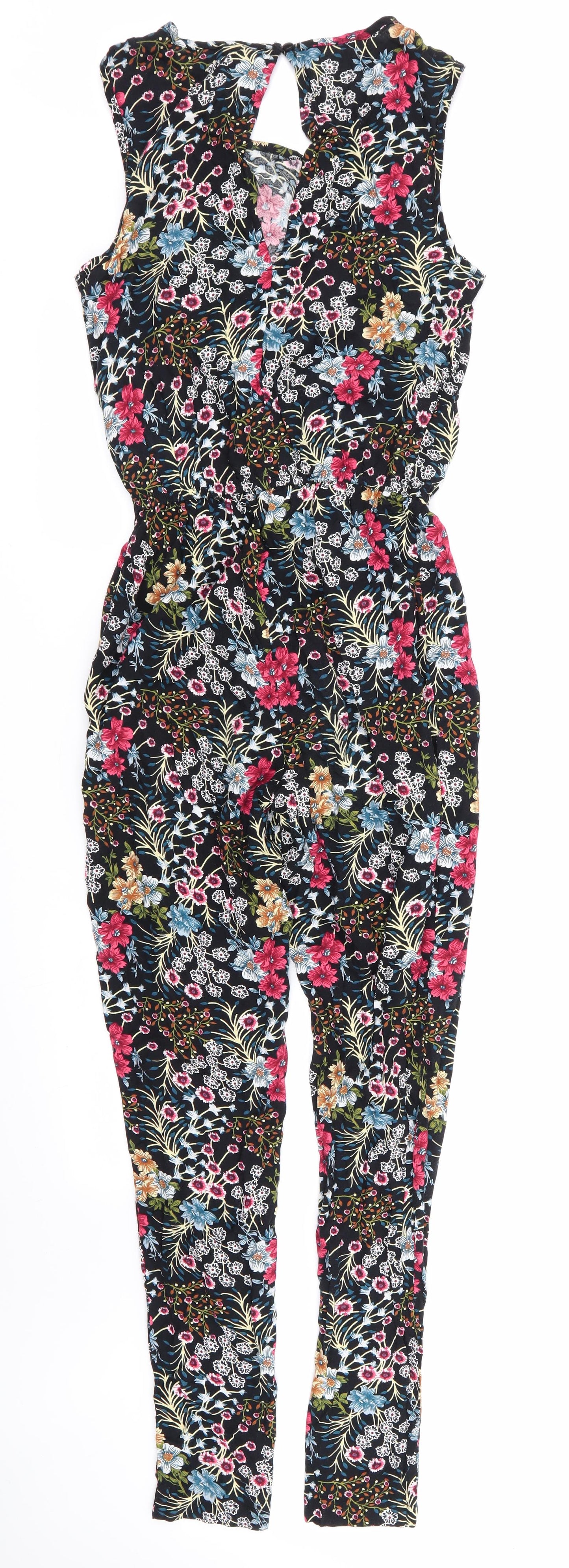 Jacqueline de Yong Womens Black Floral Viscose Jumpsuit One-Piece Size 6 L30 in Button - Blue pink Red Gold White Flowers