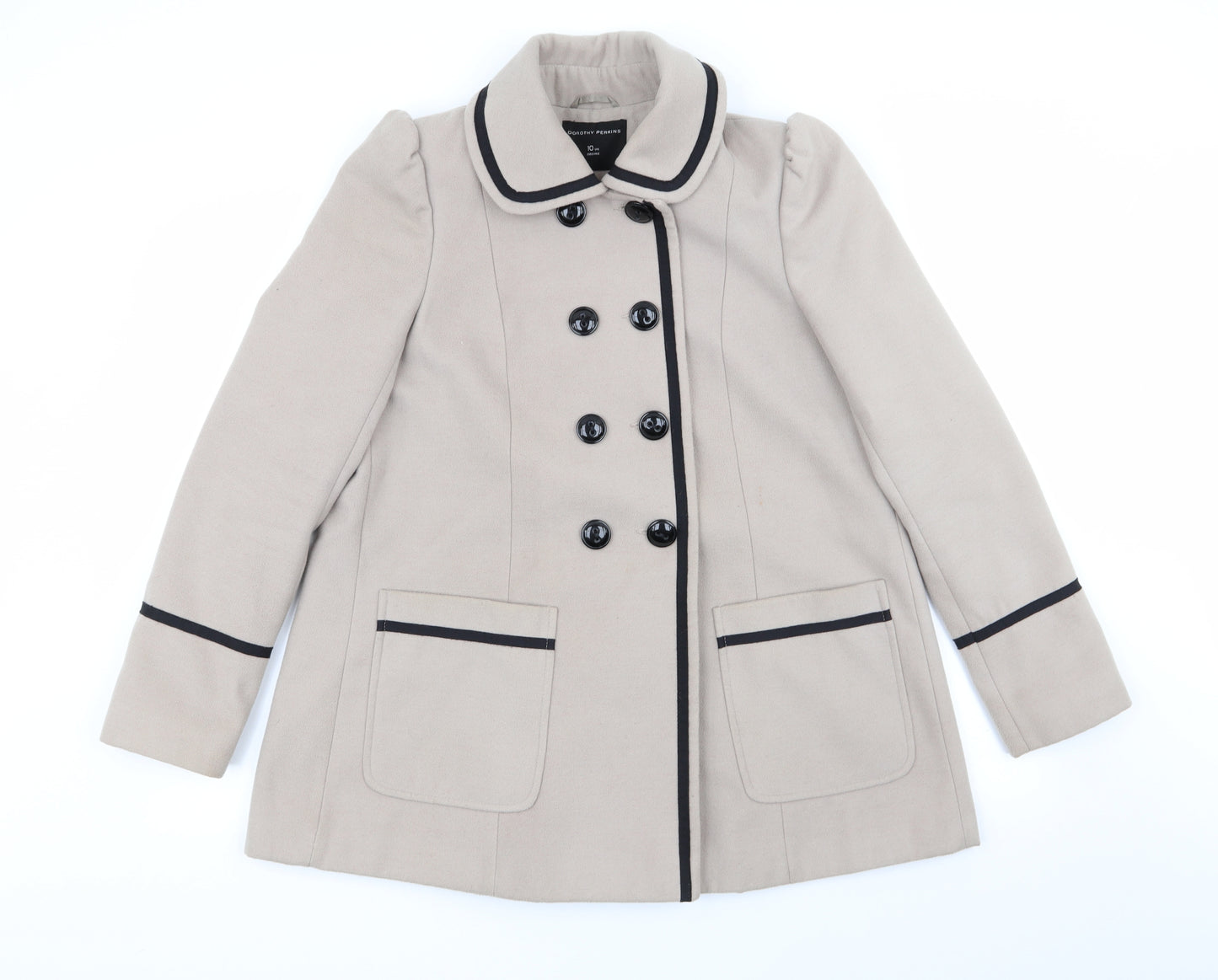 Dorothy Perkins Womens Beige   Overcoat Coat Size 10  Button - Slightly Gathered Shoulders Black Trim