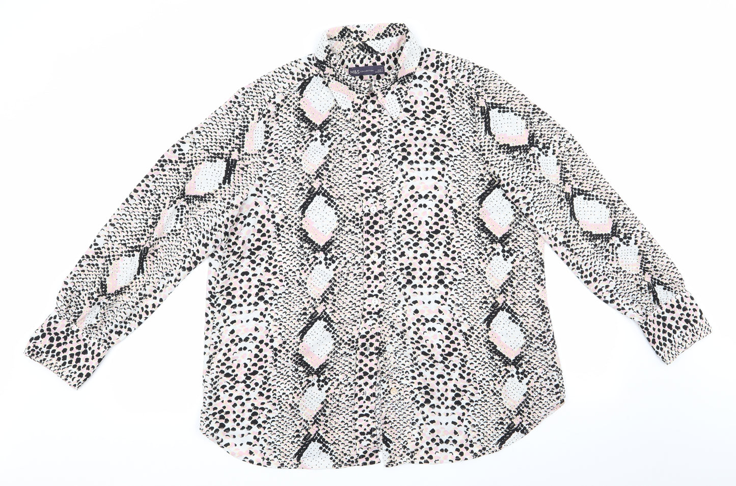 Marks and Spencer Womens Pink Animal Print Polyester Basic Button-Up Size 14 Collared - Pink Yellow Black Mix
