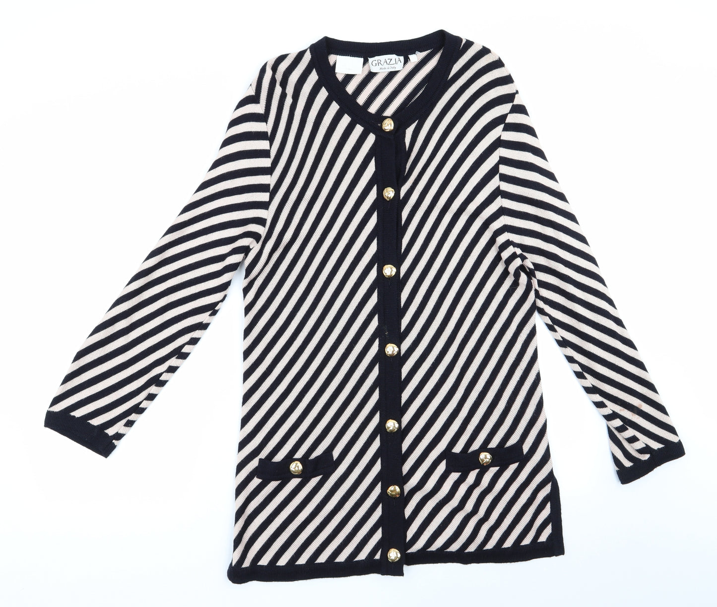 Grazia Womens Black Round Neck Striped Viscose Cardigan Jumper Size 14   - Longline Cardigan Beige Black Diagonal Stripe