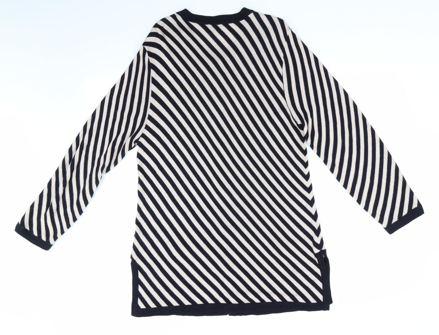 Grazia Womens Black Round Neck Striped Viscose Cardigan Jumper Size 14   - Longline Cardigan Beige Black Diagonal Stripe