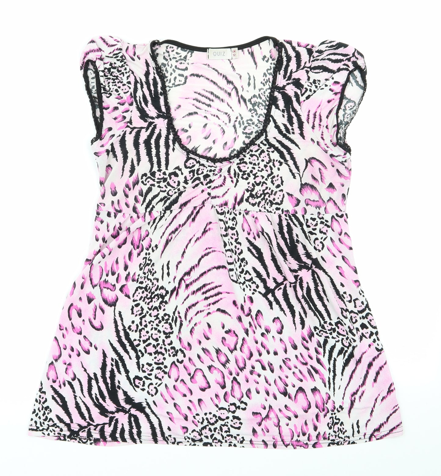 Quiz Womens Pink Animal Print Polyester  Pyjama Top Size 12   - Lace Trim