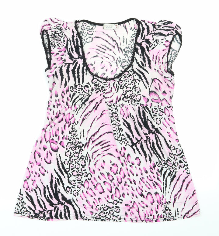 Quiz Womens Pink Animal Print Polyester Pyjama Top Size 12 - Lace Trim