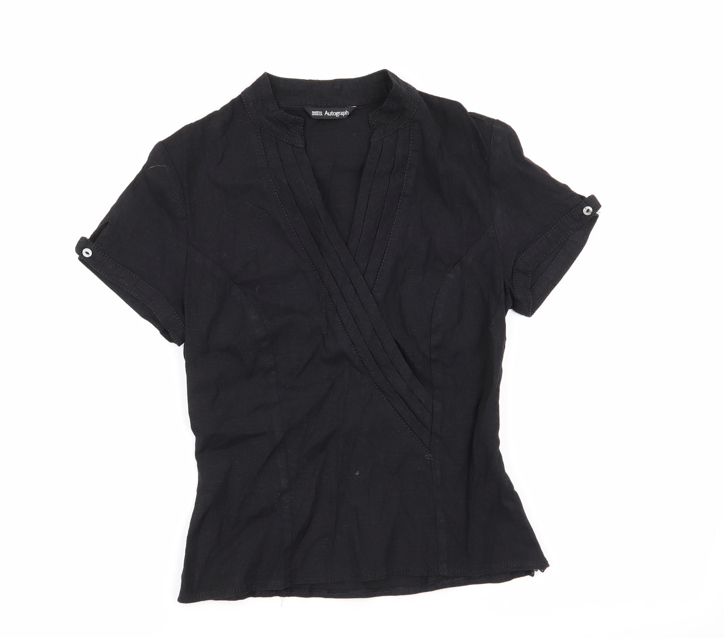 Autograph Womens Black  Linen Basic Blouse Size 10 V-Neck - Linen Look Blouse Side Zip Mandarin Collar