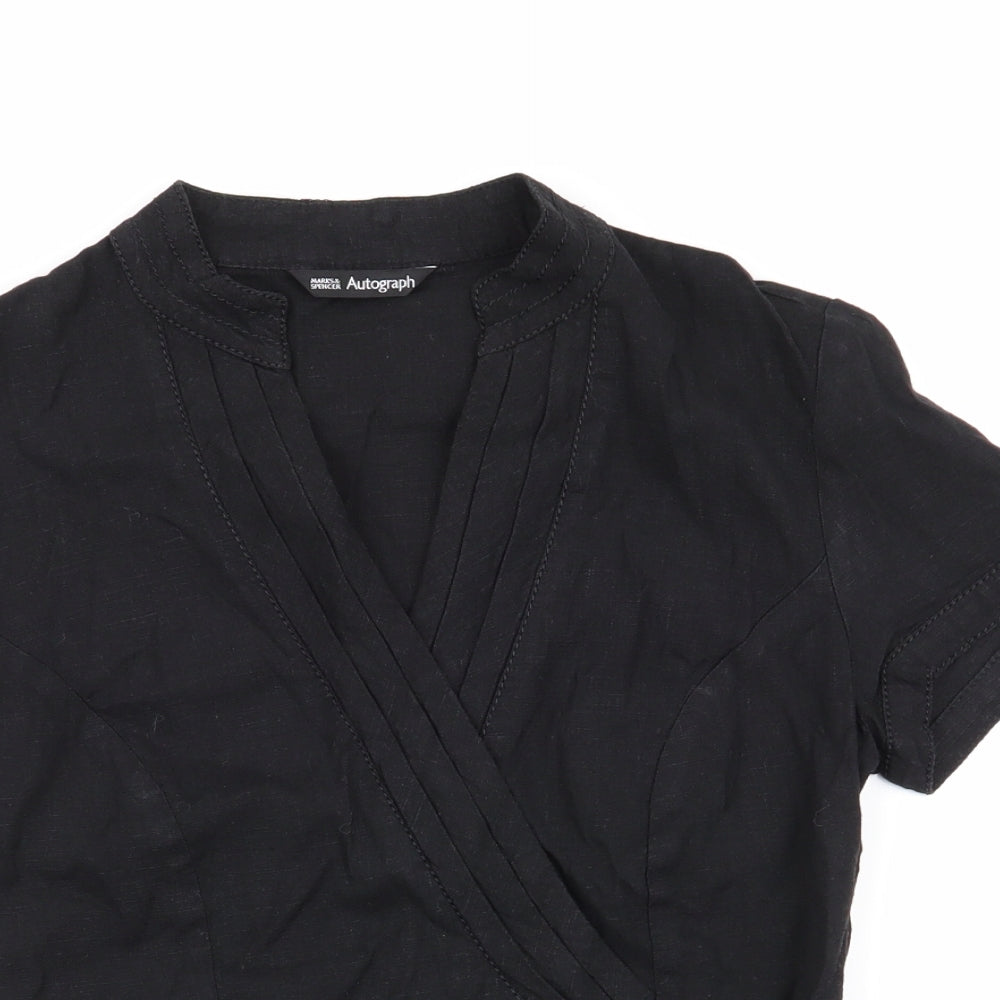Autograph Womens Black  Linen Basic Blouse Size 10 V-Neck - Linen Look Blouse Side Zip Mandarin Collar