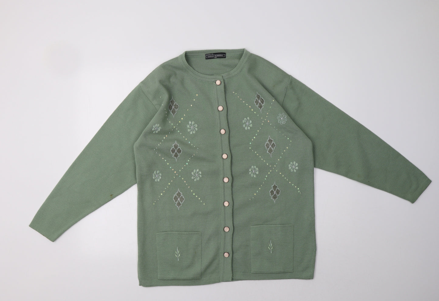 Sarah Dunnway Womens Green Crew Neck Geometric Acrylic Cardigan Jumper Size M