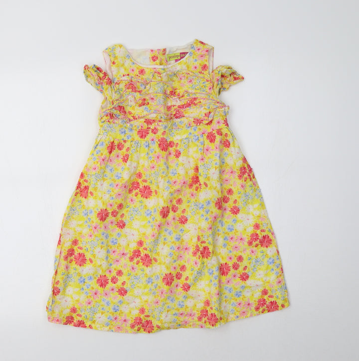 Penelope Mack Girls Yellow Floral Cotton A-Line  Size 6 Years Crew Neck