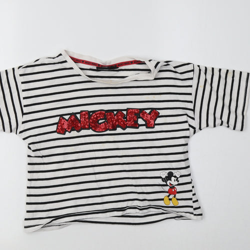 Primark Girls White Striped Cotton Cropped T-Shirt Size 12-13 Years Crew Neck  - Mickey Mouse