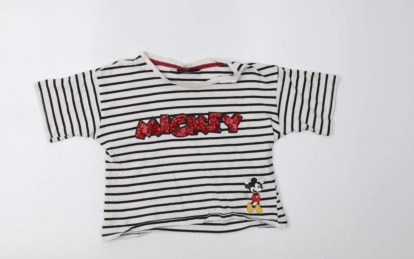 Primark Girls White Striped Cotton Cropped T-Shirt Size 12-13 Years Crew Neck  - Mickey Mouse
