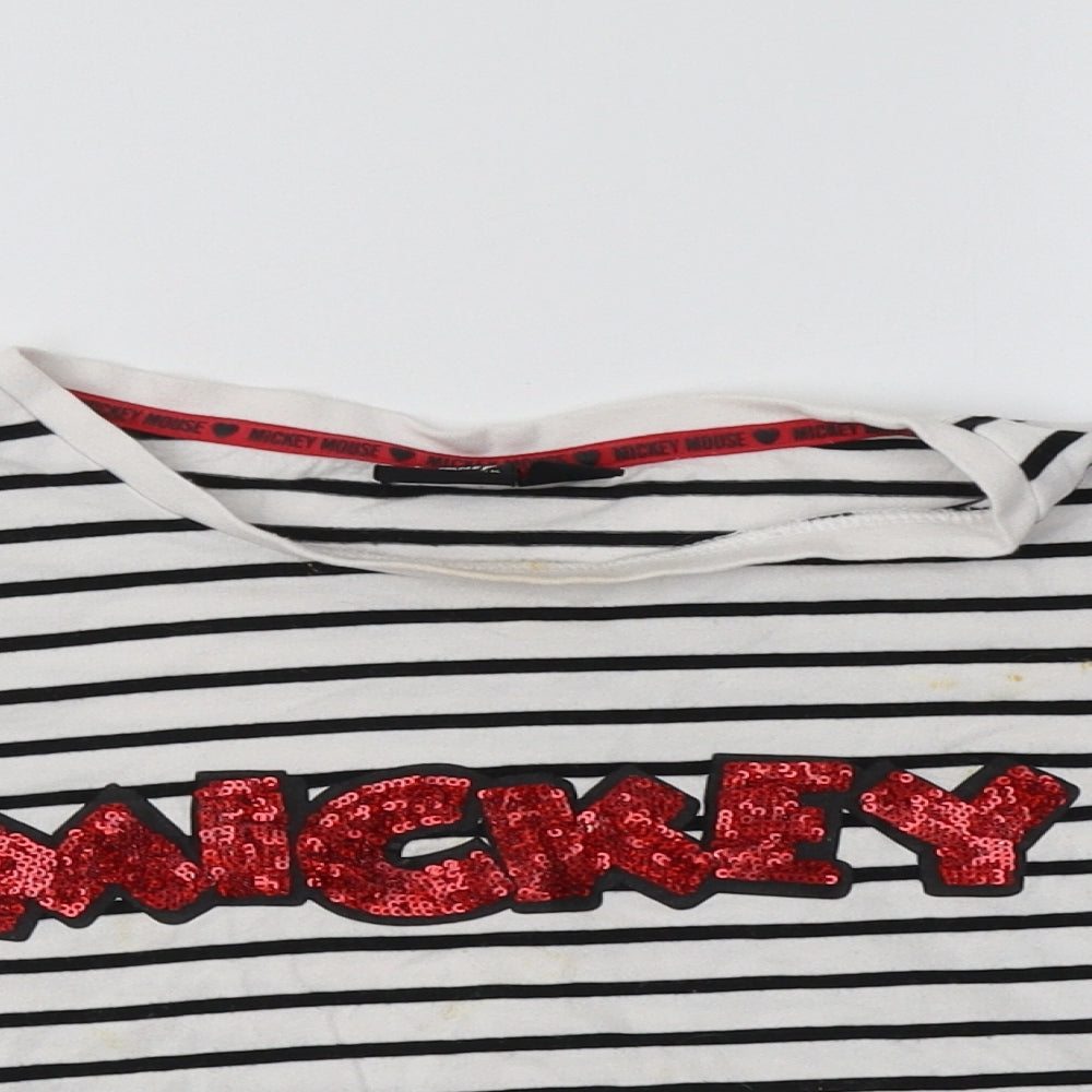 Primark Girls White Striped Cotton Cropped T-Shirt Size 12-13 Years Crew Neck  - Mickey Mouse