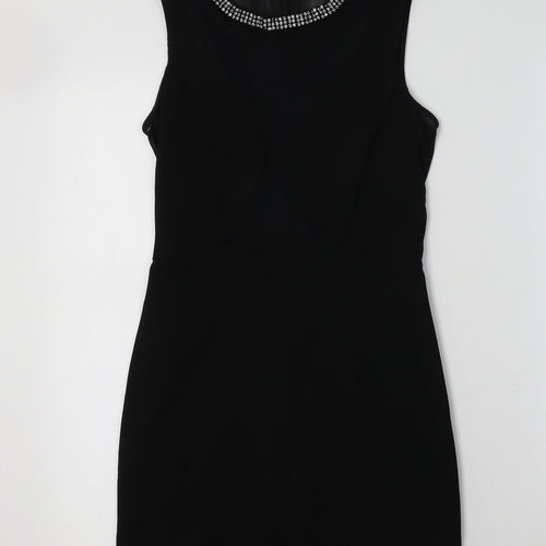 Topshop Womens Black  Viscose Bodycon  Size 6 Crew Neck  - Embellished Collar