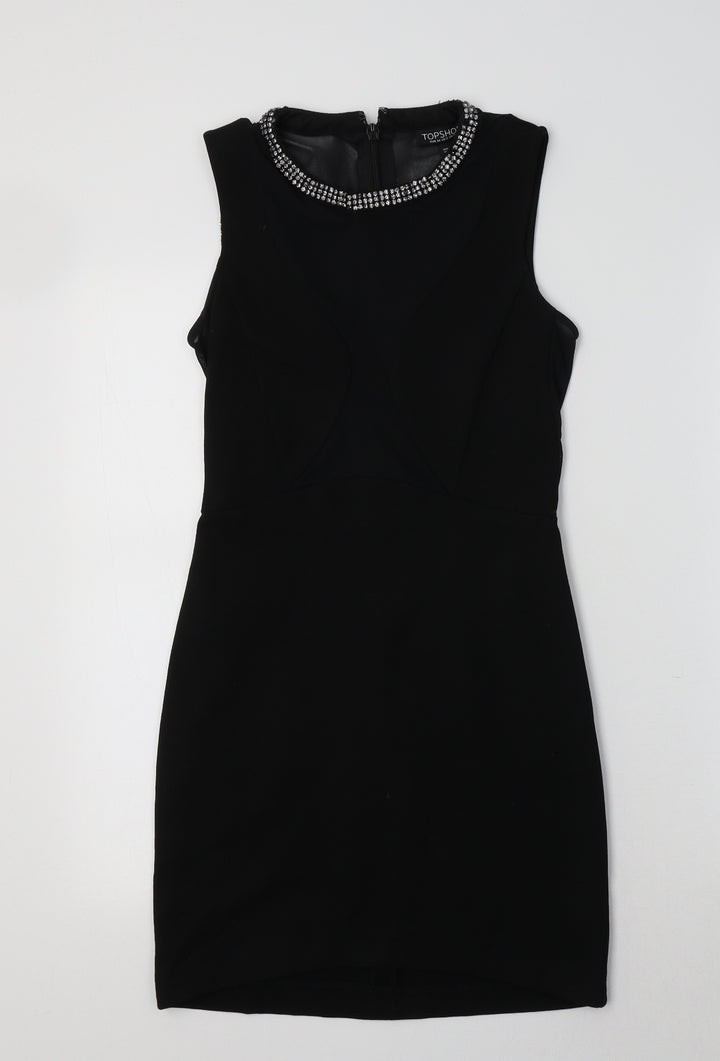 Topshop Womens Black  Viscose Bodycon  Size 6 Crew Neck  - Embellished Collar