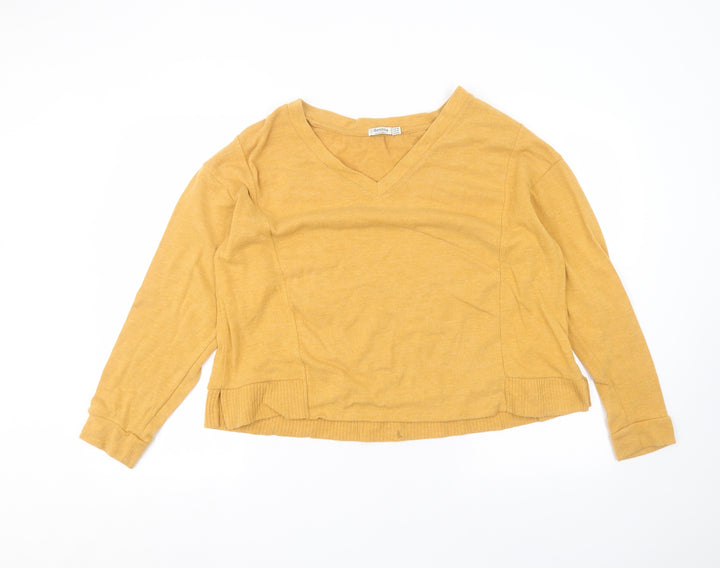 Bershka Womens Yellow V-Neck Cotton Pullover Jumper Size M