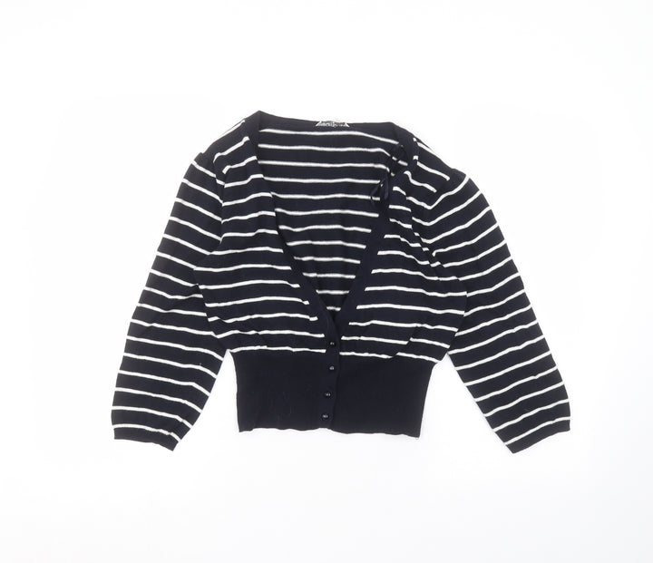 Preworn Womens Blue V-Neck Striped Cotton Cardigan Jumper Size 14