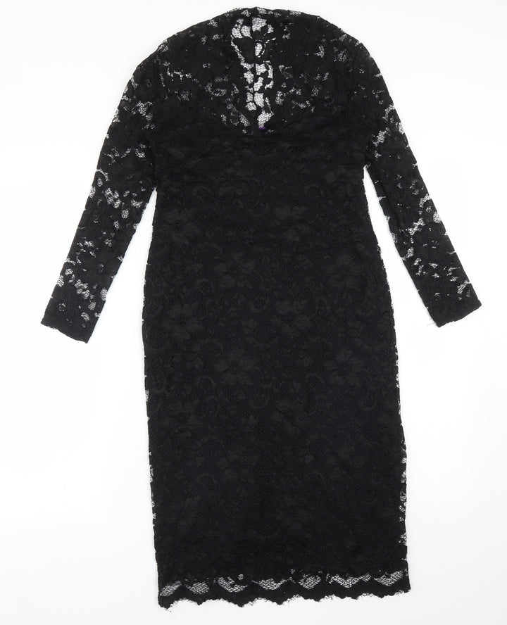 ASOS Womens Black Floral Nylon Bodycon  Size 8 V-Neck