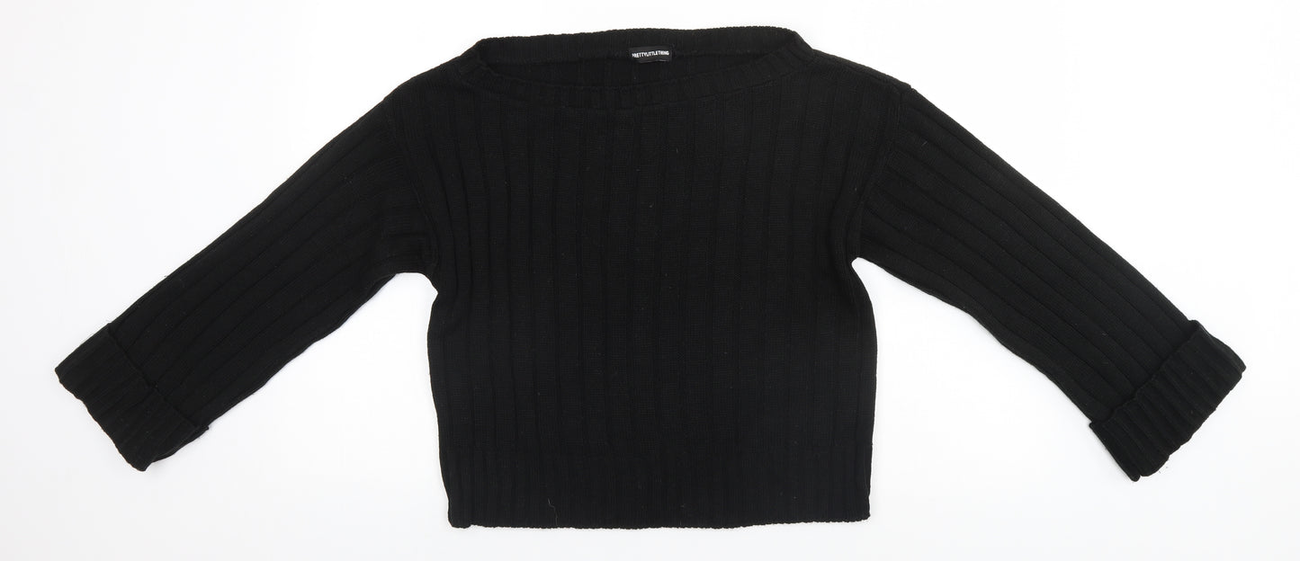 PRETTYLITTLETHING Womens Black Scoop Neck Striped Acrylic Pullover Jumper Size M