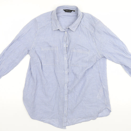 New Look Womens Blue Striped Cotton Basic Button-Up Size 12 Collared